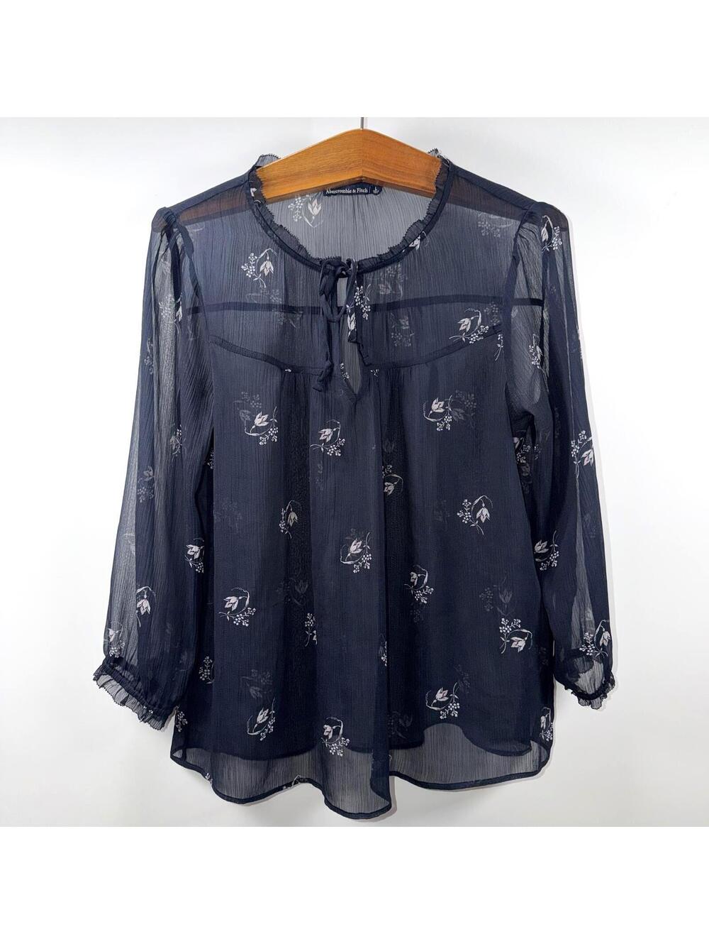 Abercrombie & Fitch Navy Floral Chiffon Peasant Top - L